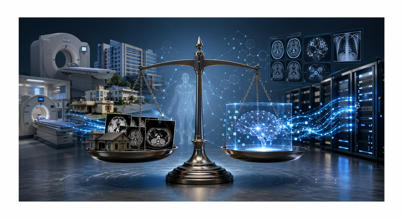 Scales of justice balancing real clinical imaging — MRI and CT scans from a rural hospital — against an AI-generated holographic brain and data infrastructure, representing the governance tension between synthetic DICOM studies and authentic clinical data in healthcare AI research.