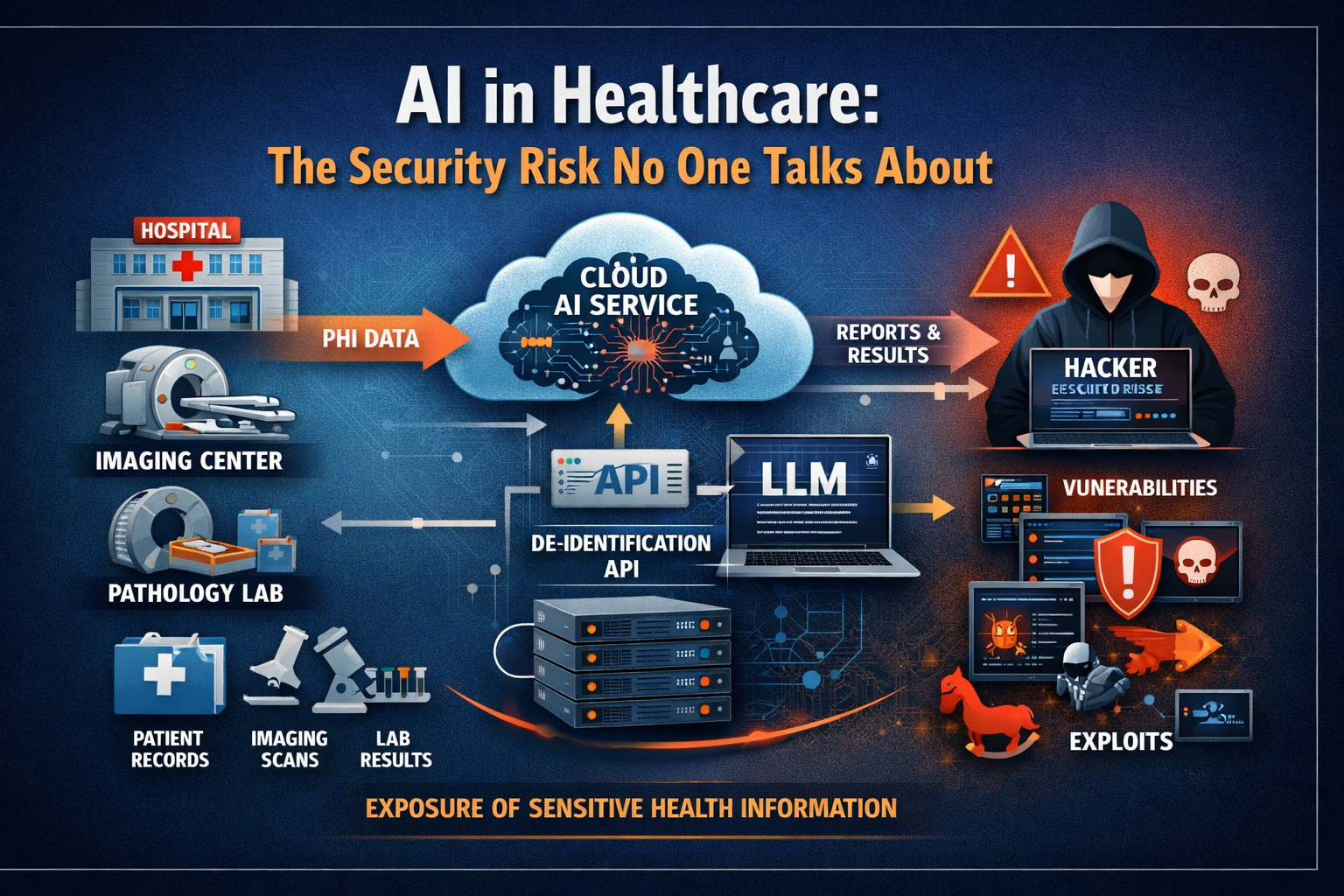 Diagram showing how PHI data flows from hospitals and imaging centers through Cloud AI services and de-identification APIs, with exposure risks including hackers, vulnerabilities, and exploits