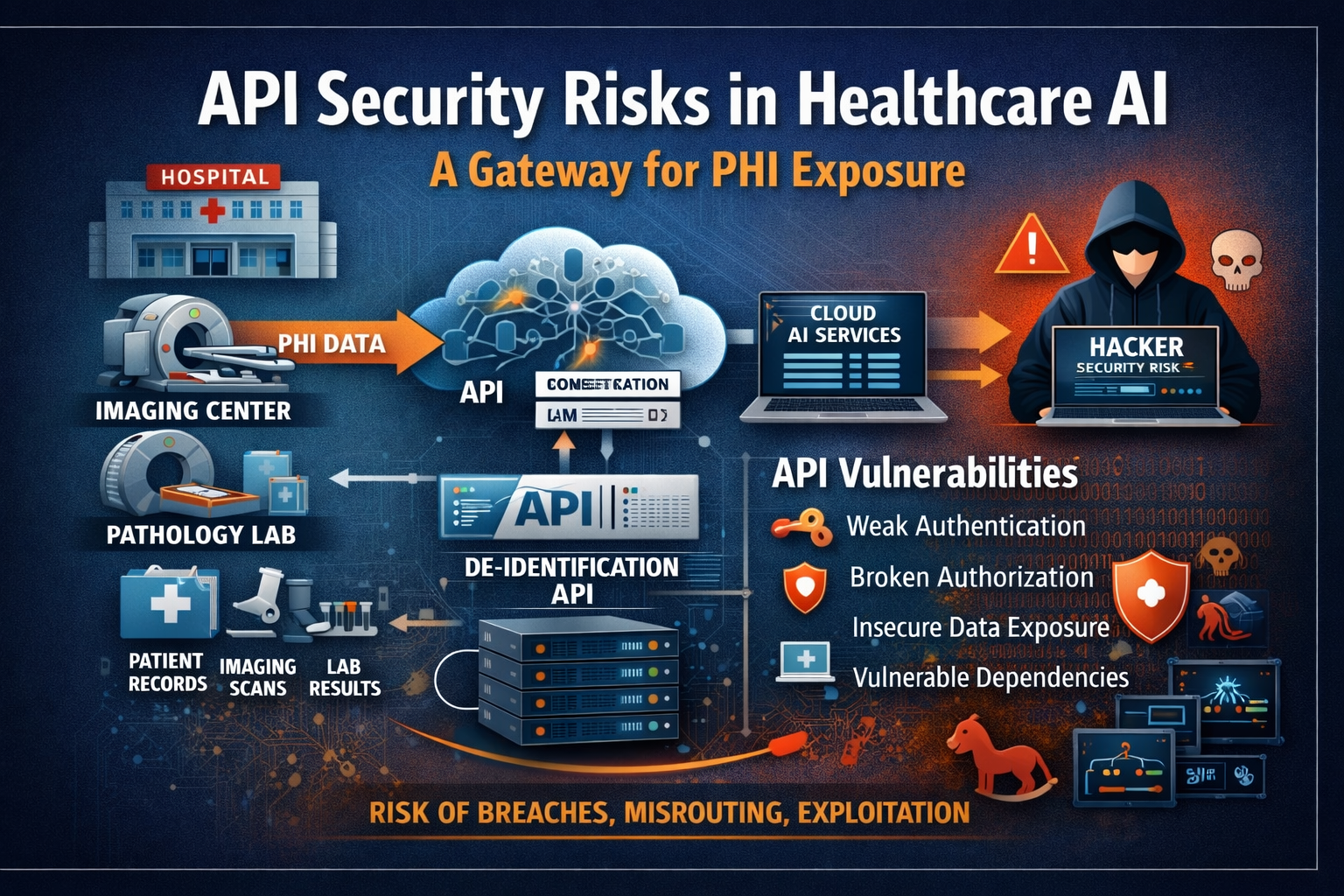 Diagram showing PHI data flowing from imaging centers and pathology labs through an API and cloud AI services, with API vulnerabilities including weak authentication, broken authorization, insecure data exposure, and vulnerable dependencies creating risk of breaches, misrouting, and exploitation